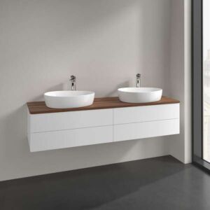 Villeroy und Boch Antao Waschtisch-Unterschrank K28052MT 160x36x50cm, Hahnloch, Waschbeckenplattenfarbe warm walnut, white matt lacquer