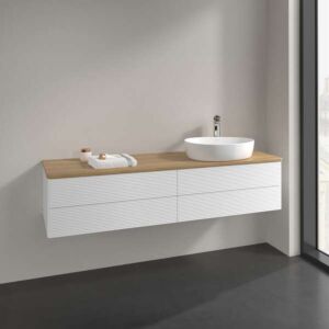 Meuble vasque Villeroy &amp; Boch Antao K27151MT 160 x 36 x 50 cm, percé pour robinetterie, plan vasque couleur chêne miel, laque blanche mate