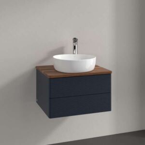 Meuble vasque Villeroy &amp; Boch Antao K18152HG 60 x 36 x 50 cm, percé pour robinetterie, plan vasque couleur noyer chaud, laque mate bleu nuit