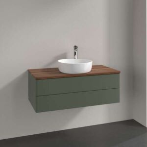 Meuble vasque Villeroy &amp; Boch Antao K20052HL 100 x 36 x 50 cm, percé pour robinetterie, plan vasque couleur noyer chaud, laque mate vert feuille