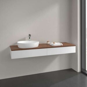 Villeroy &amp; Boch Antao vanity unit L15012MT with lighting, 2 drawers, 1600 x 190 x 500 mm, smooth front, White Matt Lacquer / Warm Walnut