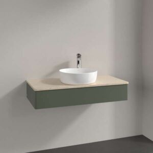 Villeroy &amp; Boch Antao vanity unit L09013HL with lighting, 1 drawer, 1000 x 190 x 500 mm, smooth front, Leaf Green Matt Lacquer / Botticino