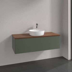 Meuble vasque Villeroy &amp; Boch Antao L32012HL avec éclairage, 1 tiroir, 1200 x 360 x 500 mm, façade lisse, laque mate Vert Feuille / Noyer Chaud