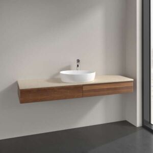 Villeroy &amp; Boch Antao vanity unit L14053HM with lighting, 2 drawers, 1600 x 190 x 500 mm, smooth front, Warm Walnut / Botticino