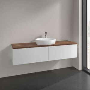 Meuble vasque Villeroy &amp; Boch Antao L36052GF avec éclairage, 2 tiroirs, 1600 x 360 x 500 mm, façade lisse, laque blanche brillante / noyer chaud