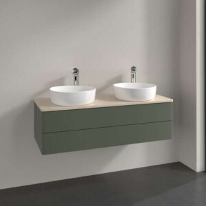 Meuble vasque Villeroy &amp; Boch Antao K24013HL 120 x 36 x 50 cm, plan vasque couleur Botticino, laque mate vert feuille