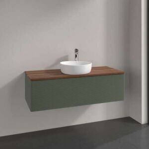 Meuble vasque Villeroy &amp; Boch Antao K32112HL 120 x 36 x 50 cm, plan vasque couleur noyer chaud, laque mate vert feuille