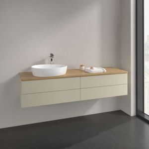 Villeroy &amp; Boch Antao vanity unit L26051HJ with lighting, 4 drawers, 1600 x 360 x 500 mm, smooth front, Silk Grey Matt Lacquer / Honey Oak