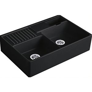 Villeroy and Boch double bowl sink 632392S5 drain fitting, eccentric operation, waste bowl, Ebony