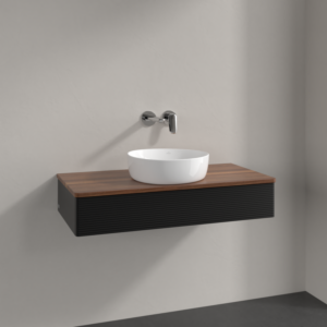 Meuble vasque Villeroy &amp; Boch Antao L09112PD 100 x 19 x 50 cm, plan vasque couleur noyer chaud, laque noire mate