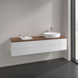 Meuble vasque Villeroy &amp; Boch Antao K27012GF 160 x 36 x 50 cm, plan vasque couleur noyer chaud, laque blanche brillante