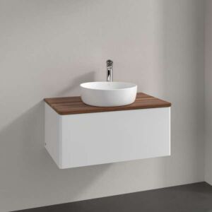 Meuble vasque Villeroy &amp; Boch Antao L30052GF avec éclairage, 1 tiroir, 800 x 360 x 500 mm, façade lisse, laque blanche brillante / noyer chaud