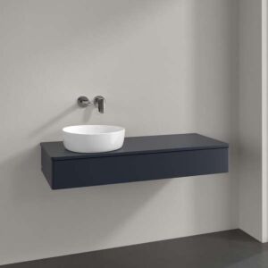 Meuble vasque Villeroy &amp; Boch Antao L11050HG avec éclairage, 1 tiroir, 1200 x 190 x 500 mm, façade lisse, laque mate bleu nuit.