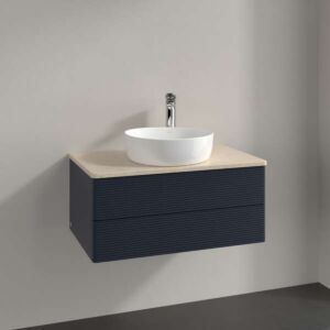 Villeroy &amp; Boch Antao vanity unit L19113HG with lighting, 2 drawers, 800 x 360 x 500 mm, textured front, Midnight Blue Matt Lacquer / Botticino