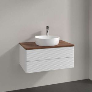 Villeroy &amp; Boch Antao vanity unit L19112GF with lighting, 2 drawers, 800 x 360 x 500 mm, textured front, Glossy White Lacquer / Warm Walnut