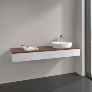 Villeroy &amp; Boch Antao vanity unit L16052GF with lighting, 2 drawers, 1600 x 190 x 500 mm, smooth front, Glossy White Lacquer / Warm Walnut