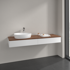 Villeroy &amp; Boch Antao vanity unit K15052MT 160x19x50cm, tap hole, washbasin top color warm walnut, white matt lacquer