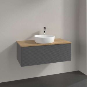 Villeroy und Boch Antao Waschtisch-Unterschrank L31111GK mit Beleuchtung, 1 Auszug, 1000 x 360 x 500 mm, Front mit Struktur, Anthracite Matt Lacquer / Honey Oak