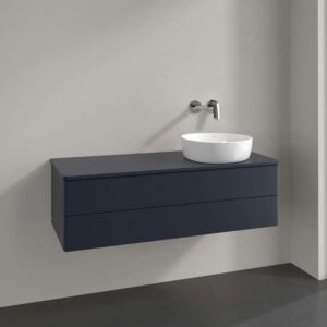 Meuble vasque Villeroy &amp; Boch Antao L23010HG avec éclairage, 2 tiroirs, 1200 x 360 x 500 mm, façade lisse, laque mate bleu nuit.