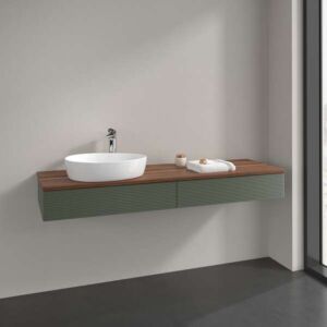 Meuble vasque Villeroy &amp; Boch Antao K15112HL 160 x 19 x 50 cm, plan vasque couleur noyer chaud, laque mate vert feuille