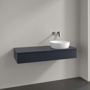 Meuble vasque Villeroy &amp; Boch Antao L12050HG avec éclairage, 1 tiroir, 1200 x 190 x 500 mm, façade lisse, laque mate bleu nuit.