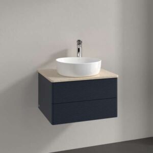 Meuble vasque Villeroy &amp; Boch Antao K18153HG 60 x 36 x 50 cm, percé pour robinetterie, plan vasque couleur Botticino, laque mate bleu nuit