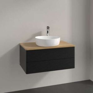 Meuble vasque Villeroy &amp; Boch Antao L19151PD avec éclairage, 2 tiroirs, 800 x 360 x 500 mm, façade texturée, laque noire mate / chêne miel