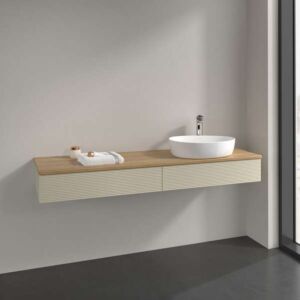 Villeroy &amp; Boch vanity unit L16151HJ with lighting, 2 drawers, 1600 x 190 x 500 mm, textured front, Silk Grey Matt Lacquer / Honey Oak