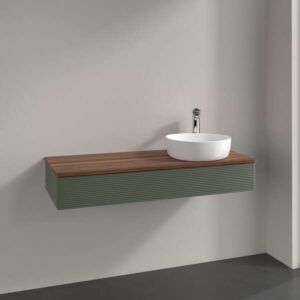 Meuble-lavabo Villeroy &amp; Boch Antao L12152HL avec éclairage, 1 tiroir, 1200 x 190 x 500 mm, façade texturée, laque mate Vert Feuille / Noyer Chaud