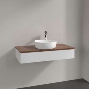 Villeroy &amp; Boch Antao vanity unit L09052GF with lighting, 1 drawer, 1000 x 190 x 500 mm, smooth front, Glossy White Lacquer / Warm Walnut
