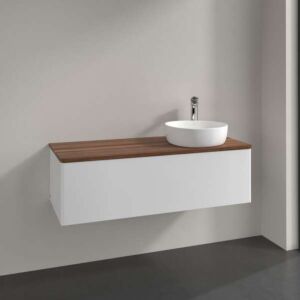 Villeroy und Boch Antao Waschtisch-Unterschrank L34052GF mit Beleuchtung, 1 Auszug, 1200 x 360 x 500 mm, Front ohne Struktur, Glossy White Lacquer / Warm Walnut