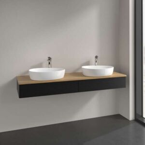 Villeroy und Boch Antao Waschtisch-Unterschrank L17151PD mit Beleuchtung, 2 Auszüge, 1600 x 190 x 500 mm, Front mit Struktur, Black Matt Lacquer / Honey Oak