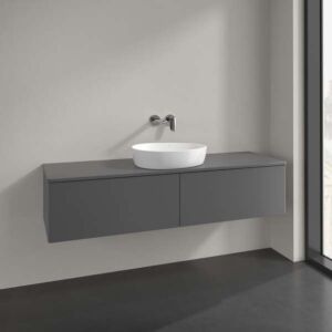 Meuble vasque Villeroy &amp; Boch Antao L36050GK avec éclairage, 2 tiroirs, 1600 x 360 x 500 mm, façade lisse, laque anthracite mate.