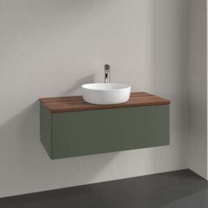 Meuble vasque Villeroy &amp; Boch Antao L31012HL avec éclairage, 1 tiroir, 1000 x 360 x 500 mm, façade lisse, laque mate Vert Feuille / Noyer Chaud