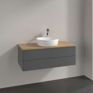 Villeroy und Boch Antao Waschtisch-Unterschrank L20011GK mit Beleuchtung, 2 Auszüge, 1000 x 360 x 500 mm, Front ohne Struktur, Anthracite Matt Lacquer / Honey Oak