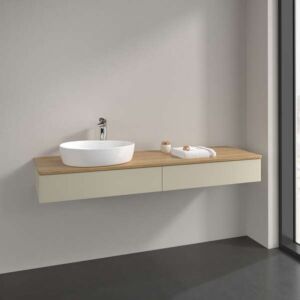 Villeroy und Boch Antao Waschtisch-Unterschrank L15011HJ mit Beleuchtung, 2 Auszüge, 1600 x 190 x 500 mm, Front ohne Struktur, Silk Grey Matt Lacquer / Honey Oak
