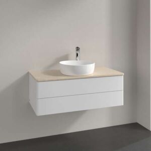 Meuble vasque Villeroy &amp; Boch Antao K20053GF 100 x 36 x 50 cm, percé pour robinetterie, plan vasque couleur Botticino, laque blanche brillante