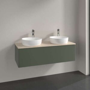 Villeroy und Boch Antao Waschtisch-Unterschrank L35013HL mit Beleuchtung, 1 Auszug, 1200 x 360 x 500 mm, Front ohne Struktur, Leaf Green Matt Lacquer / Botticino
