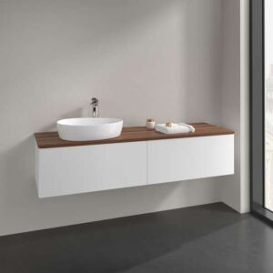 Villeroy &amp; Boch Antao vanity unit K37052MT 160x36x50cm, tap hole, washbasin top color warm walnut, white matt lacquer