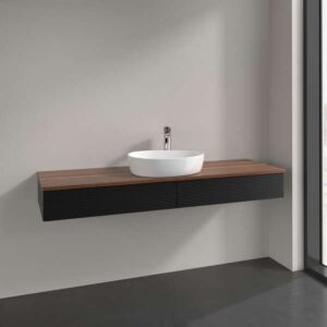 Meuble vasque Villeroy &amp; Boch Antao L14112PD avec éclairage, 2 tiroirs, 1600 x 190 x 500 mm, façade texturée, laque noire mate / noyer chaud