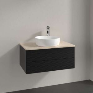 Meuble vasque Villeroy &amp; Boch Antao L19153PD 80 x 36 x 50 cm, percé pour robinetterie, plan vasque couleur Botticino, laque noire mate