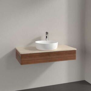 Meuble vasque Villeroy &amp; Boch Antao L09153HM avec éclairage, 1 tiroir, 1000 x 190 x 500 mm, façade texturée, Noyer chaud / Botticino