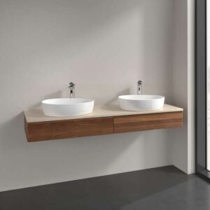 Villeroy und Boch Antao Waschtisch-Unterschrank L17153HM mit Beleuchtung, 2 Auszüge, 1600 x 190 x 500 mm, Front mit Struktur, Warm Walnut / Botticino