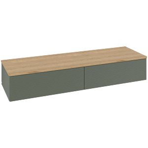 Buffet Villeroy &amp; Boch Antao L42101HL avec éclairage, 2 tiroirs, 1600 x 268 x 500 mm, façade texturée, laque mate Vert Feuille / Chêne Miel