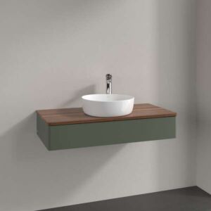 Villeroy und Boch Antao Waschtisch-Unterschrank L09052HL mit Beleuchtung, 1 Auszug, 1000 x 190 x 500 mm, Front ohne Struktur, Leaf Green Matt Lacquer / Warm Walnut