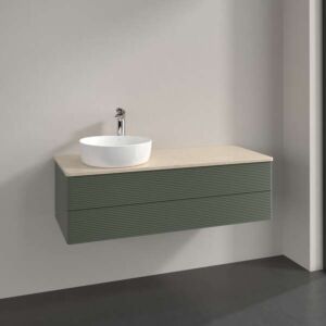 Villeroy und Boch Antao Waschtisch-Unterschrank K22153HL 120x36x50cm, Hahnloch, Waschbeckenplattenfarbe botticino, leaf green matt lacquer