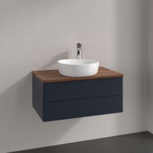 Villeroy &amp; Boch Antao vanity unit L19152HG with lighting, 2 drawers, 800 x 360 x 500 mm, textured front, Midnight Blue Matt Lacquer / Warm Walnut