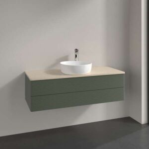 Meuble vasque Villeroy &amp; Boch Antao L21113HL avec éclairage, 2 tiroirs, 1200 x 360 x 500 mm, façade texturée, laque mate Vert Feuille / Botticino