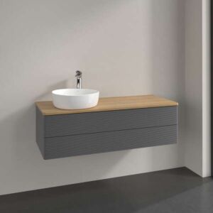 Meuble vasque Villeroy &amp; Boch Antao L22111GK avec éclairage, 2 tiroirs, 1200 x 360 x 500 mm, façade texturée, laque anthracite mate / chêne miel
