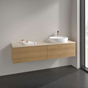 Villeroy &amp; Boch Antao vanity unit L38113HN with lighting, 2 drawers, 1600 x 360 x 500 mm, textured front, Honey Oak / Botticino
